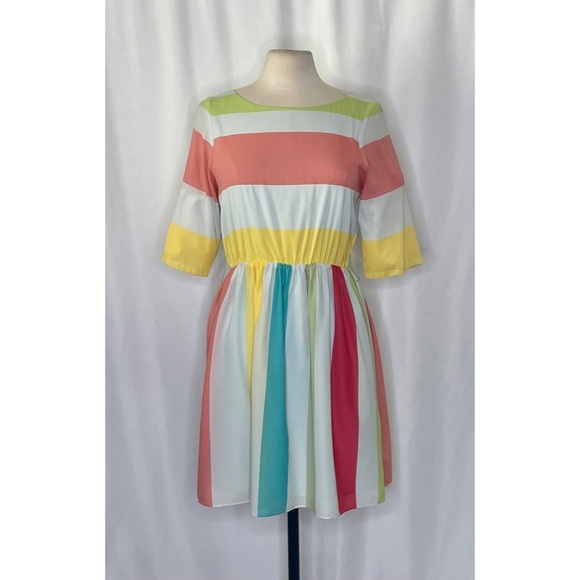 ALICE + OLIVIA Anita Silk Pastel Stripe Dress Retro Blouson Button Back Medium - Picture 3 of 16
